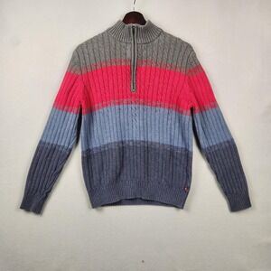 IZOD Sweater Mens Medium Gray Red Blue Quarter Zip Mock Neck Striped Ribbed